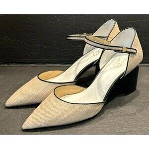 Franco Sarto Lilah Beige/Black Block Heel Pointed Toe Ankle Strap Pumps Size 11M